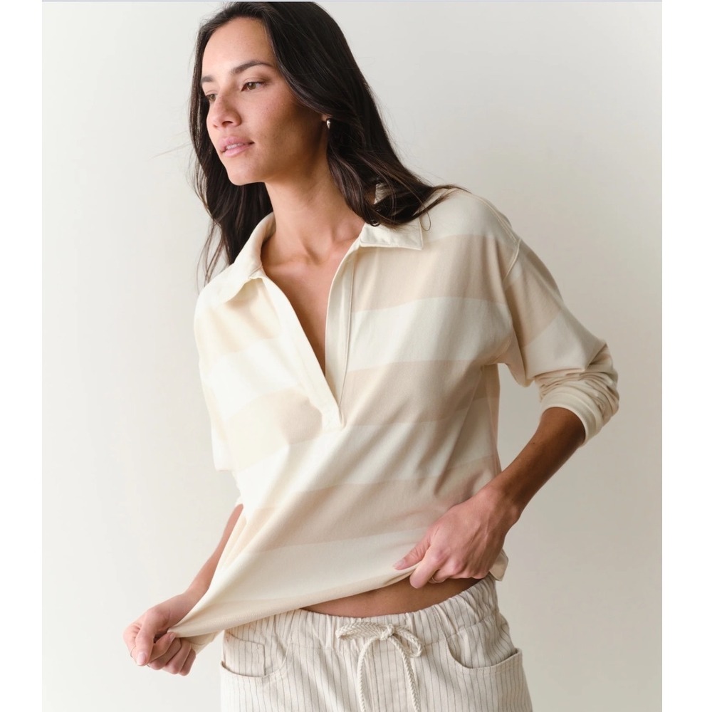 Marine Layer Luxe Sueded Polo Tee Tan Cream Striped Long Sleeve Top Large